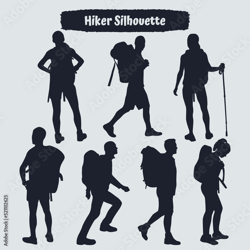 Collection of Hiker in mountains silhouettes in different poses