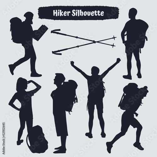 Collection of Hiker in mountains silhouettes in different poses