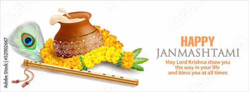 Greeting banner for Hindu festival Krishna Janmashtami (birth of Lord Krishna). Vector illustration.