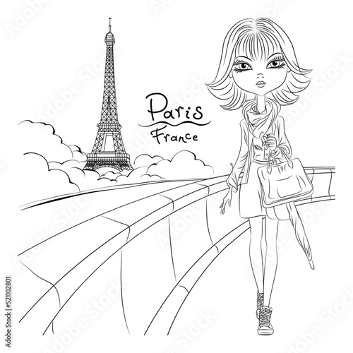 Beautiful girl walking overlooking the Eiffel Tower in Paris. Black and white illustration for coloring book.