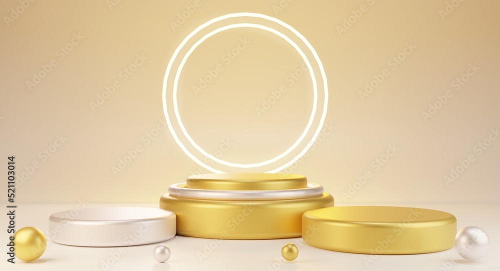 abstract luxury gold and metallic podium pedestal presentation white neon light minimal 3D rendering. abstract luxury gold and metallic podium pedestal presentation white neon light minimal 3D rendering.