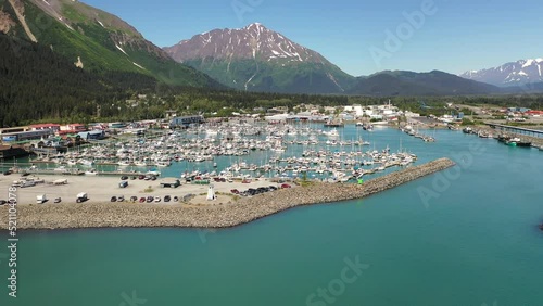 Aerial view of port city Seward, Alaska.  Seward Boat Harbor from above. 