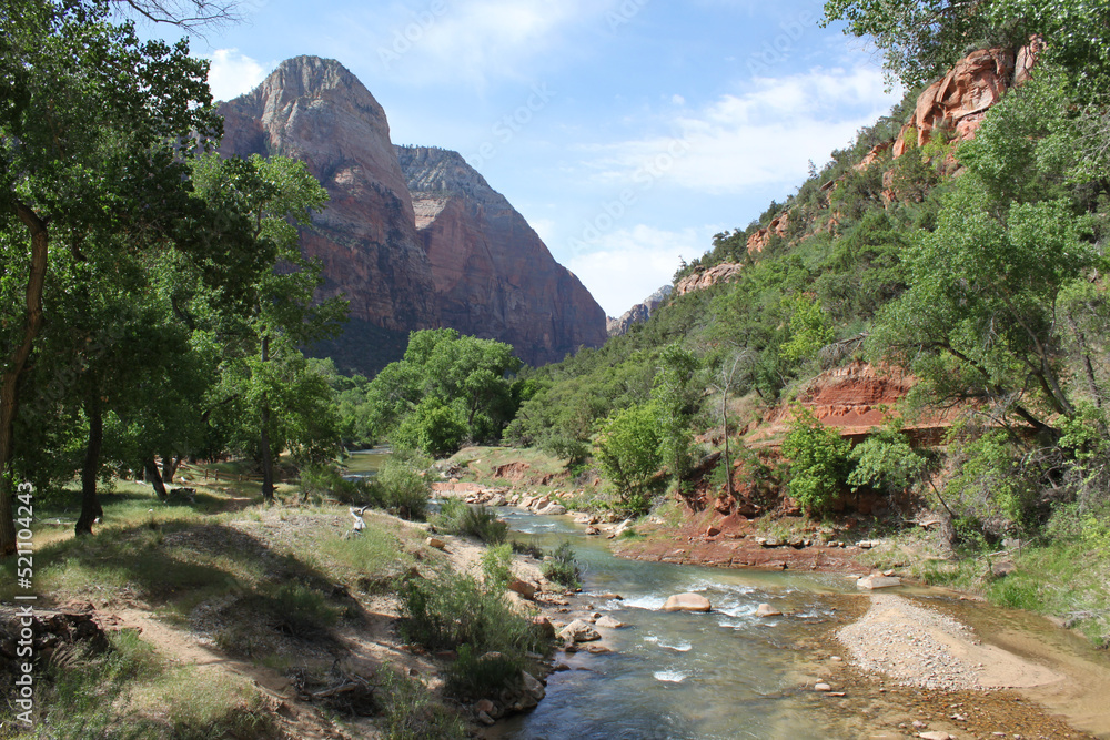 Shallow slow moving river carves an ancient path through the lush tree lined canyon within the park Shallow slow moving river carves an ancient path through the lush tree lined canyon within the park