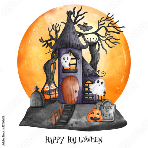 Halloween Haunted house with pumpkin ghost and full moon. Halloween element. Halloween decoration..