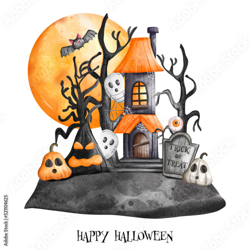Halloween Haunted house and full moon. Halloween element. Halloween decoration..