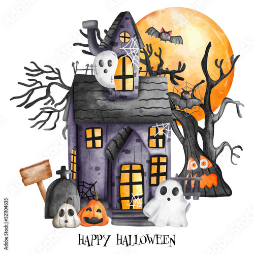 Halloween Haunted house with Haunted Tree and full moon. Halloween element. Halloween decoration..
