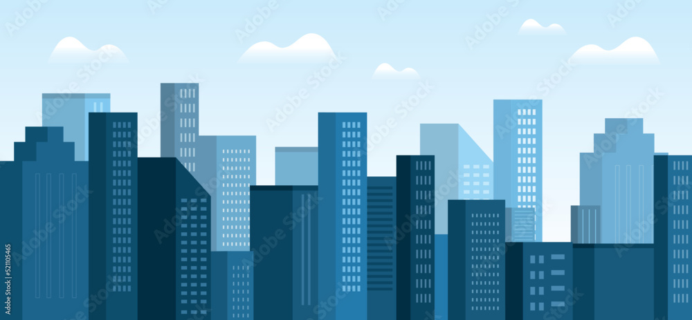 City landscape concept. Modern city with skyscrapers. Architecture and exterior. Poster or banner for website. Urbanization and structure. Corporate towers at night. Cartoon flat vector illustration