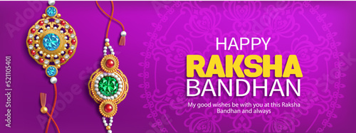 Greeting banner with rakhi (bracelets) for Raksha Bandhan (Bond of protection and care) – Indian festival of sisters and brothers. Vector illustration.