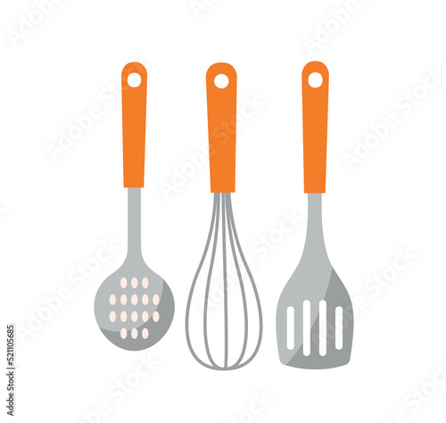 Kitchen tools icons. Stickers with metal or steel colander, whisk and spatula. Kitchen utensils for cooking meal. Design elements for site. Cartoon flat vector set isolated on white background