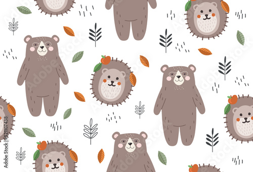 Seamless pattern with bear and hedgehog. Cute repeating graphic element to print on bedding. Forest dwellers and animals, mammal. Autumn season and fall concept. Cartoon flat vector illustration