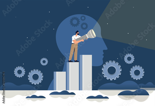 Future vision concept. Man with flashlight stands on head silhouette. Metaphor for goal setting and motivation, leadership. Businessman planning and building strategy. Cartoon flat vector illustration
