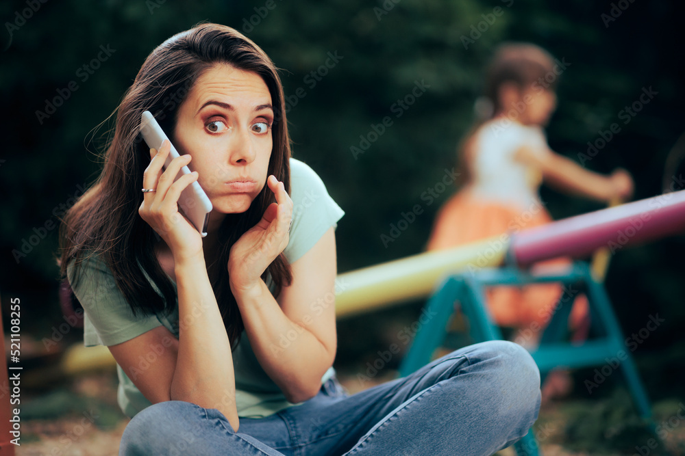 Mom talking on the Phone Hiding Secrets from Her Little Daughter