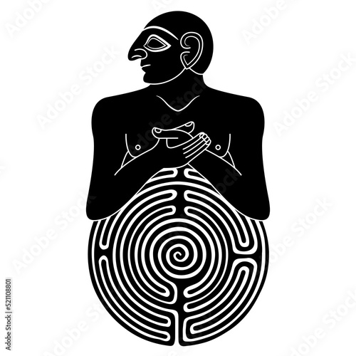 Sumerian man or priest with round spiral maze or labyrinth symbol. Creative concept. Mystery of ancient civilization. Black and white silhouette.