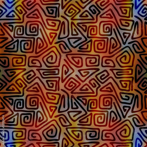 Seamless pattern. Ethnic background, multicolor spirals, hand drawing.