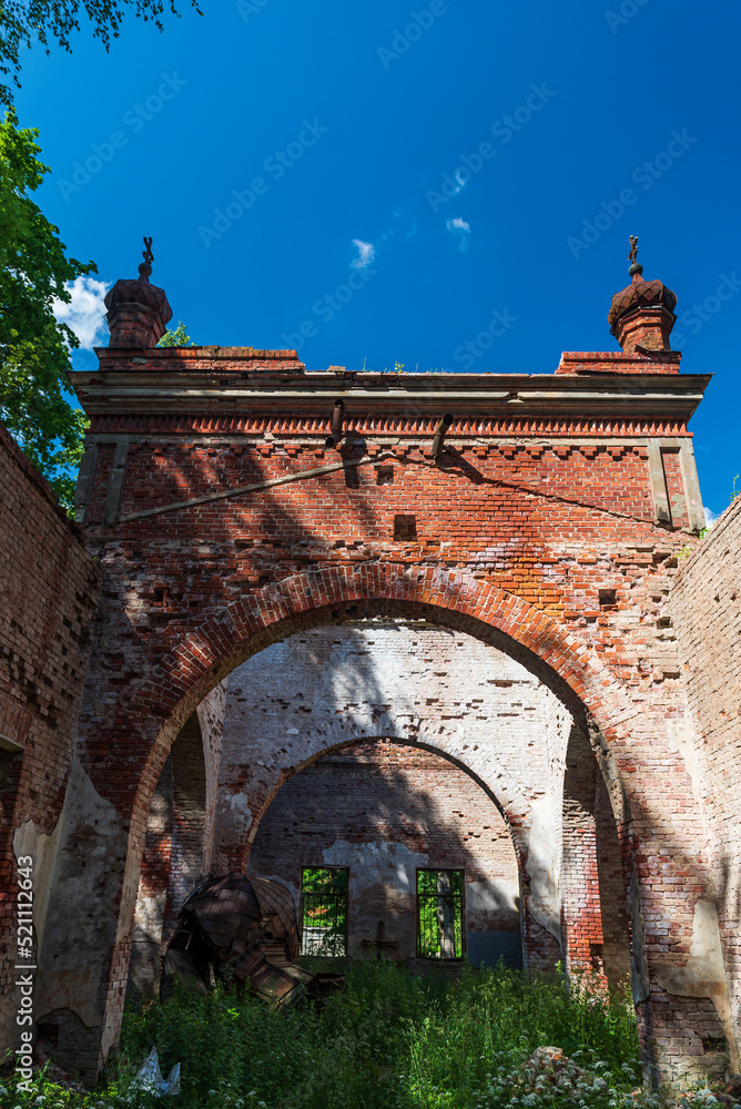 The ruins of red brick Suntazi Orthodox Church, Latvia.