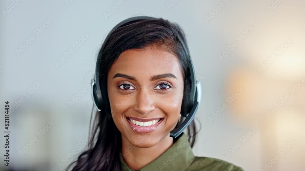 Happy, friendly and confident face of a call center agent smiling in her office with copy space. Portrait of a female customer service employee wearing a headset with copyspace at her workplace Happy, friendly and confident face of a call center agent smiling in her office with copy space. Portrait of a female customer service employee wearing a headset with copyspace at her workplace