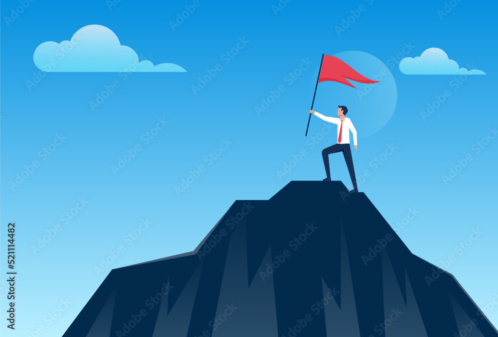 Businessman holding up success flag on top of mountain. Business, Success, Leadership, Achievement, People successful career concept vector illustration Businessman holding up success flag on top of mountain. Business, Success, Leadership, Achievement, People successful career concept vector illustration