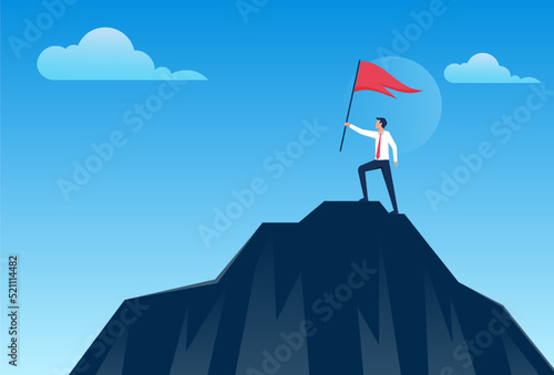 Businessman holding up success flag on top of mountain. Business, Success, Leadership, Achievement, People successful career concept vector illustration