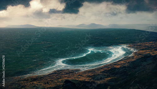 Sea rocky birches of Ireland, cold water, raging sea, fog, waves, ocean. Irish seascape. 3D illustration.