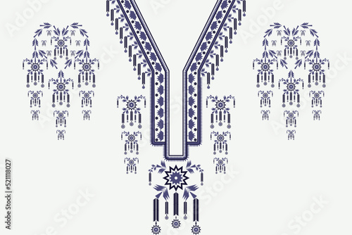 Vector ethnic blue color neck embroidery floral pattern on white background. Beautiful tribal art feminine shirts style.