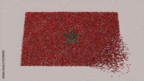 Aerial view of a Crowd of People, coming together to form the Flag of Morocco. Moroccan Banner on White Background. photo