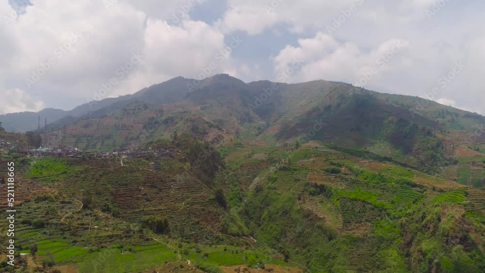 agricultural land in mountains fields with crops, trees. Aerial view farmlands on mountainside Java, Indonesia. tropical landscape agricultural land in mountains fields with crops, trees. Aerial view farmlands on mountainside Java, Indonesia. tropical landscape