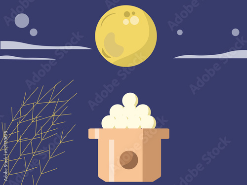 お月見 夜空と満月 月見団子とススキ ベクターイラスト