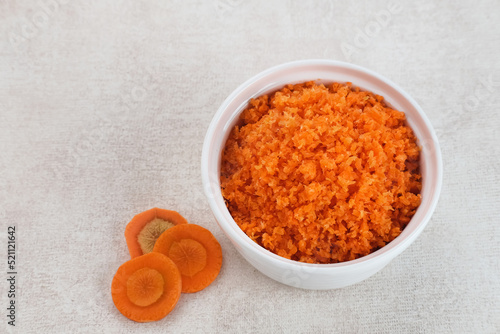 Organic carrots pulp juice, squeezed from a slow juicer, can be used as a face mask, or processed into food or beverage ingredients, zero waste. 