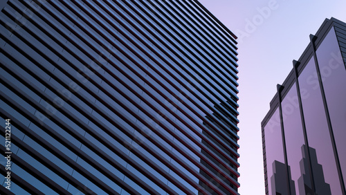Architecture of city buildings with glass reflection. Constructed modern buildings, office centers. Design concept of urban structures. 3D render.