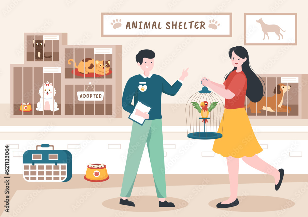 Animal Shelter Cartoon Illustration with Pets Sitting in Cages and Volunteers Feeding Animals for Adopting in Flat Hand Drawn Style Design Animal Shelter Cartoon Illustration with Pets Sitting in Cages and Volunteers Feeding Animals for Adopting in Flat Hand Drawn Style Design