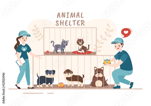 Animal Shelter Cartoon Illustration with Pets Sitting in Cages and Volunteers Feeding Animals for Adopting in Flat Hand Drawn Style Design