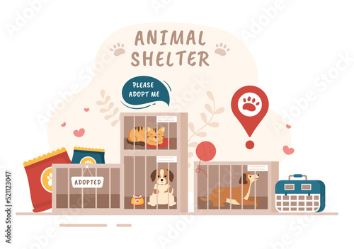 Animal Shelter Cartoon Illustration with Pets Sitting in Cages and Volunteers Feeding Animals for Adopting in Flat Hand Drawn Style Design