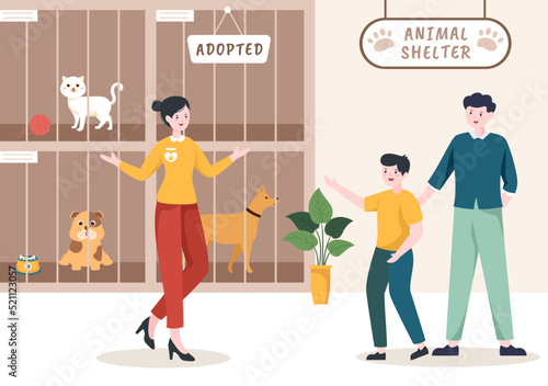 Animal Shelter Cartoon Illustration with Pets Sitting in Cages and Volunteers Feeding Animals for Adopting in Flat Hand Drawn Style Design