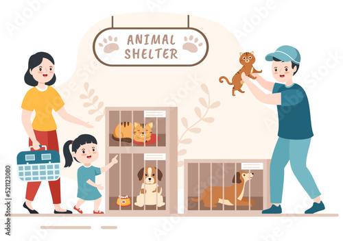 Animal Shelter Cartoon Illustration with Pets Sitting in Cages and Volunteers Feeding Animals for Adopting in Flat Hand Drawn Style Design