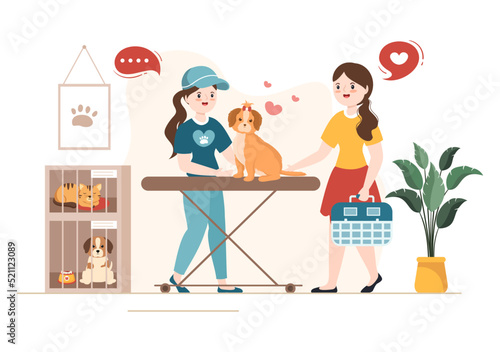 Animal Shelter Cartoon Illustration with Pets Sitting in Cages and Volunteers Feeding Animals for Adopting in Flat Hand Drawn Style Design
