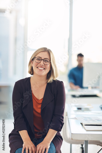 Smiling face of a businesswoman, HR professional or corporate worker in a modern office. A happy portrait of human resources manager in administration at corporate company with background copy space photo