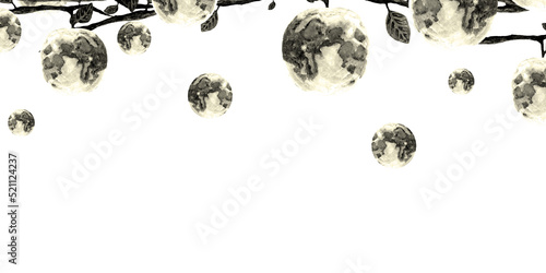 Fototapeta Naklejka Na Ścianę i Meble -  Watercolor template surrealism fruit on a branch, planet moon on a white background for your design, illustration hand drawn