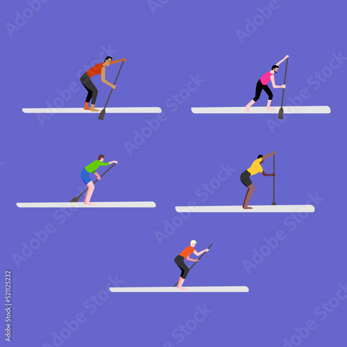 Supsurfing. Men stand on a board and row with an oar in various positions. Vector flat illustration. Isolated image.