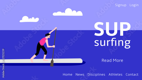 Web banner for sup surfing. A woman is rowing standing on a board. Vector flat illustration.