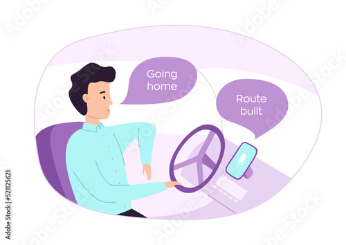 A man driving a car asks the voice assistant on the phone to get directions to the house vector illustration. Internet of things concept. IOT. Illustration for advertising, advertising sites and