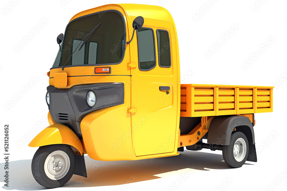 Mini Truck Pick Up Rickshaw 3D rendering on white background Mini Truck Pick Up Rickshaw 3D rendering on white background