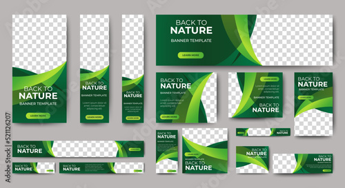 Nature banner design web template Set, Horizontal header web banner. Modern Gradient green cover header background for website design, Social Media Cover ads banner, flyer, invitation card