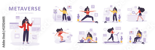 Metaverse concept. Women in VR headsets working, doing sport and painting. Video game simulator. Modern technological entertainment. Set of vector illustrations in flat style.