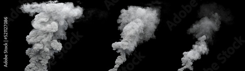 3 white contamination smoke columns from explosion on black, isolated - industrial 3D illustration