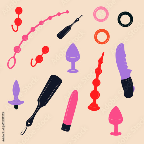 Set of sex toys. Set of adult toys. Accessories for sex. Vector set in cartoon style. All elements are isolated