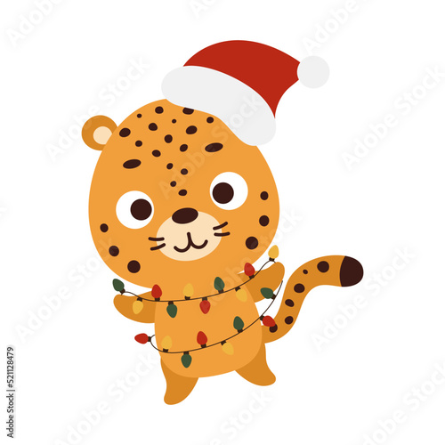 Cute Christmas jaguar with garland on white background. Cartoon animal character for kids cards, baby shower, invitation, poster, t-shirt composition, house interior. Vector stock illustration.