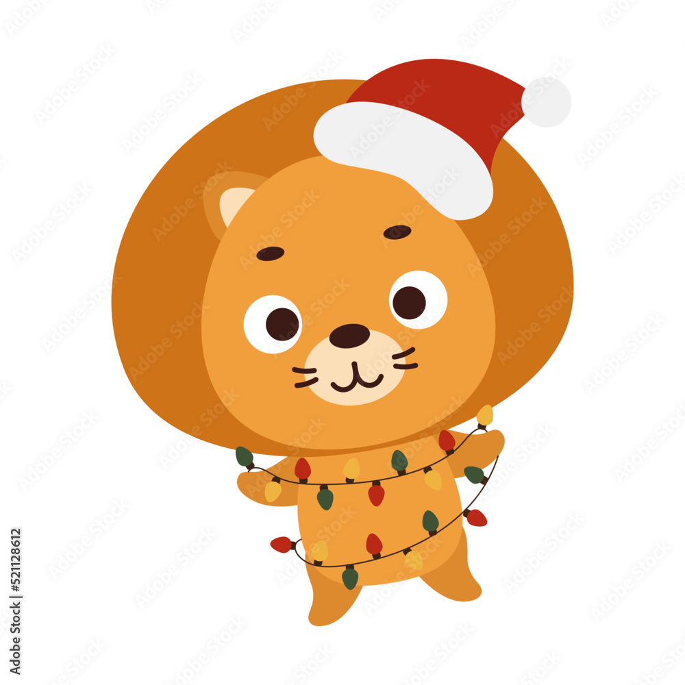 Fototapeta premium Cute Christmas lion with garland on white background. Cartoon animal character for kids cards, baby shower, invitation, poster, t-shirt composition, house interior. Vector stock illustration.