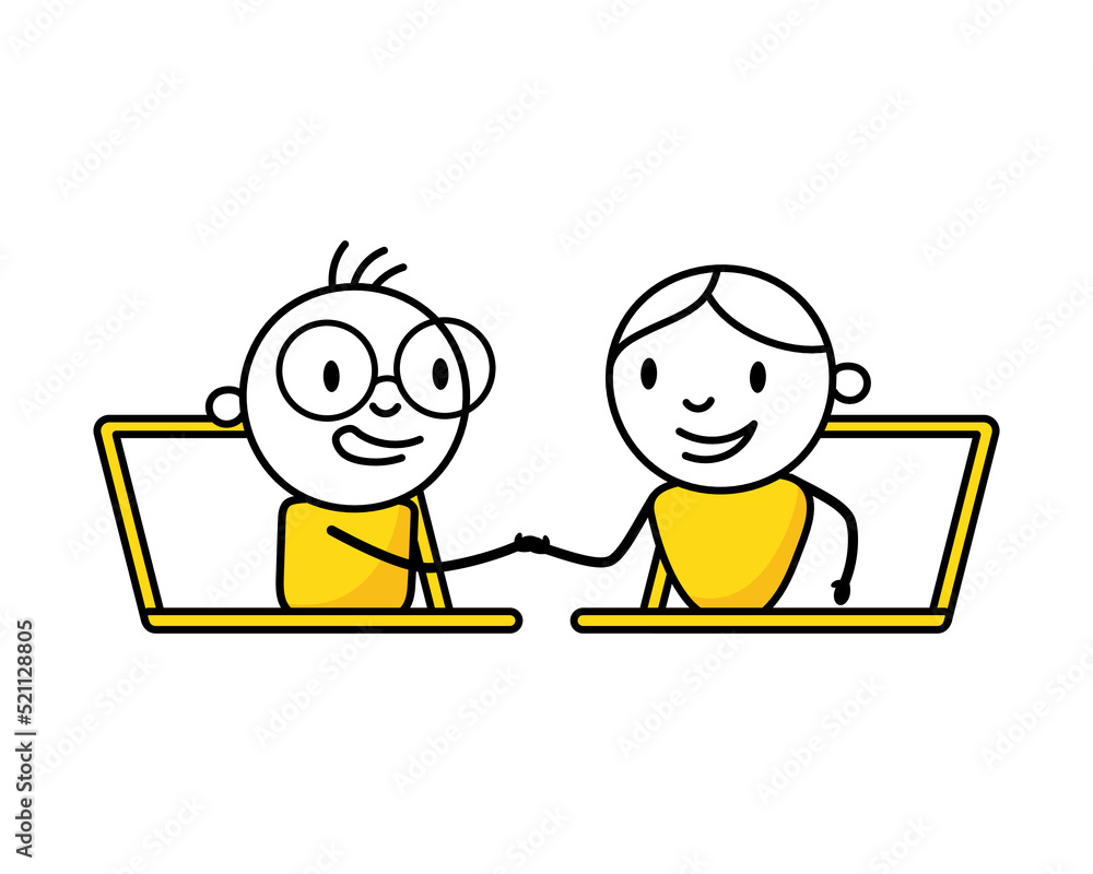Men shaking hands through laptop screen. Handshake of business partners. Vector stock illustration Men shaking hands through laptop screen. Handshake of business partners. Vector stock illustration