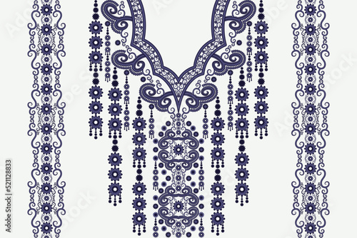 Vector ethnic neck embroidery floral pattern feminine blue color style. Tribal art shirts fashion.