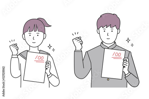 テストで100点をとってガッツポーズをする学生のイラストセット